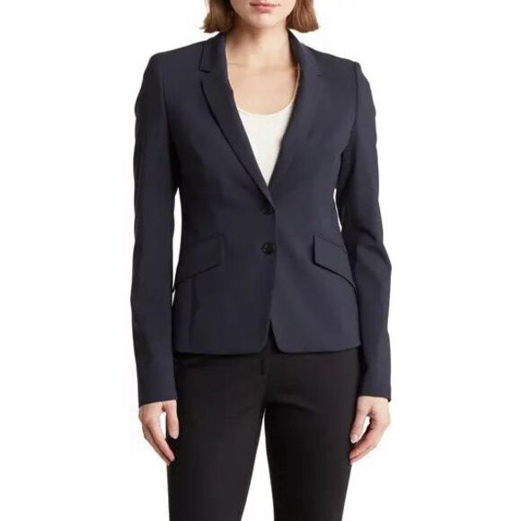 Hugo Boss Jiletara Virgin Wool Navy Blue Two Button Blazer Office Coat Size 14 - Picture 1 of 8